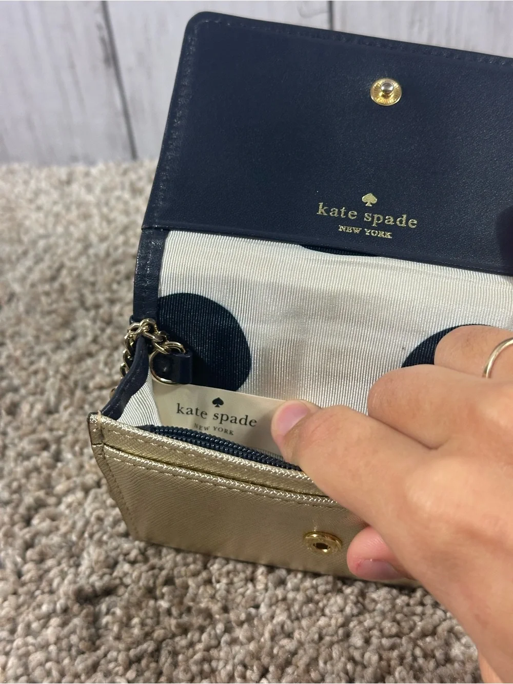 Kate Spade New York Champagne Trifold Wallet w/ Black Polka Dots